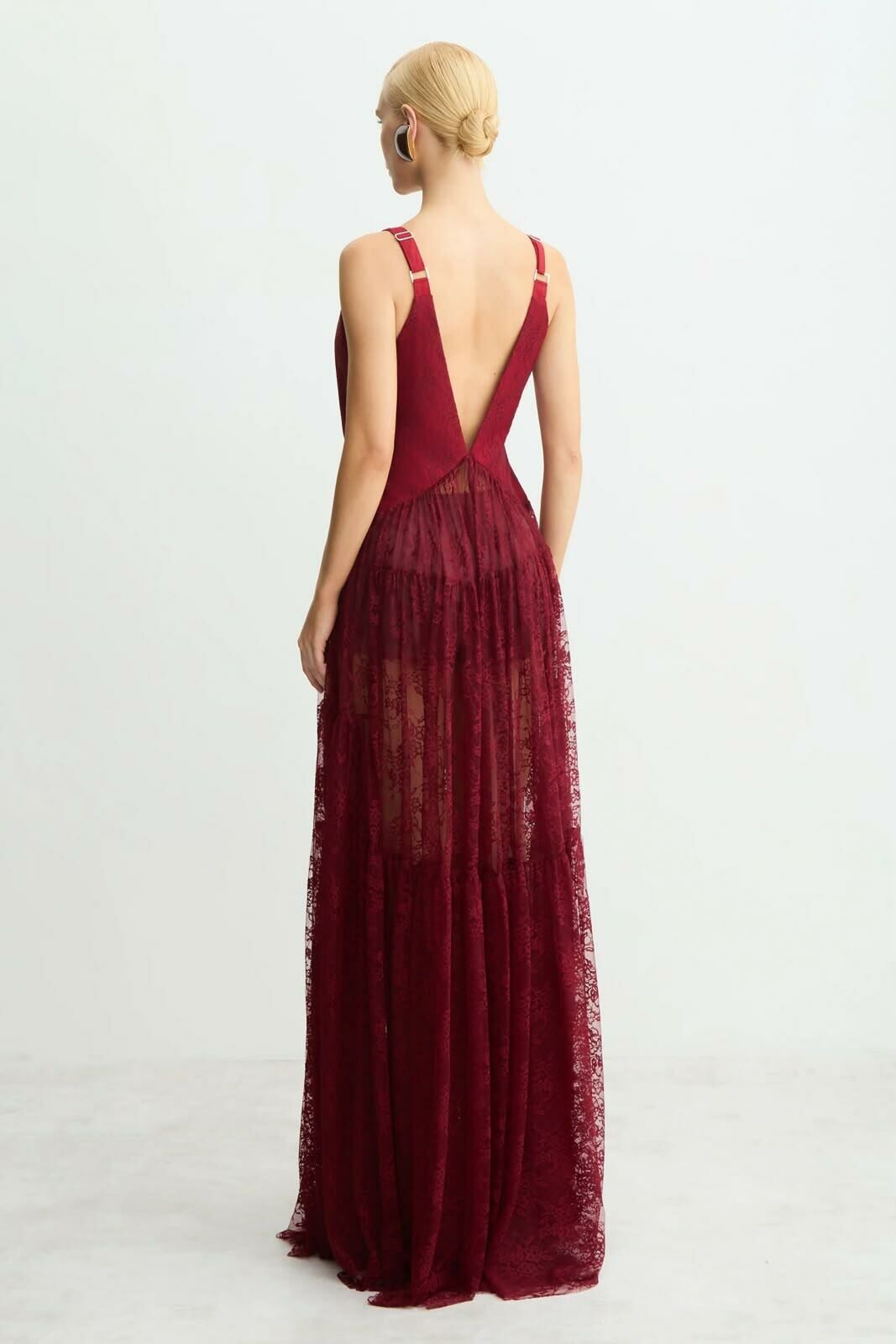 Imagem de Vestido Longo Alças Largas Com Decote V Em Renda Vinho Zen